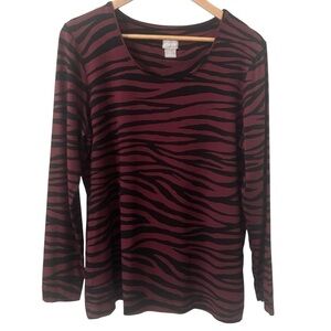 Chico’s Burgundy Zebra Print Long Sleeve Top Size 2 US Large Stretch Rayon